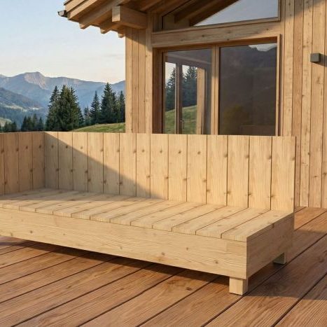Die DIY outdoor-lounge Ottomane PALISADES auf einer Holzterrasse in den Bergen Die DIY outdoor-lounge Ottomane PALISADES schützt seine Gäste vor Wind