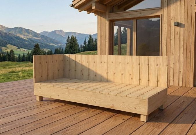 DIY outdoor-lounge.com Ottomane PALISADES auf einer Holzterrasse in den Bergen Ottomane, Chaiselongue oder Recamière? Egal auf der windgeschützen Konstruktion liegt man im Freien auch in den Alpen gut