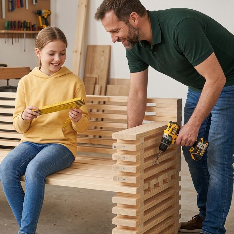 Eine Outdoor-Lounge selber bauen macht Spaß! Vater und Tochter bauen eine Gartenlounge. Eine Outdoor-Lounge selber bauen macht Spaß! Vater und Tochter bauen eine Gartenlounge.