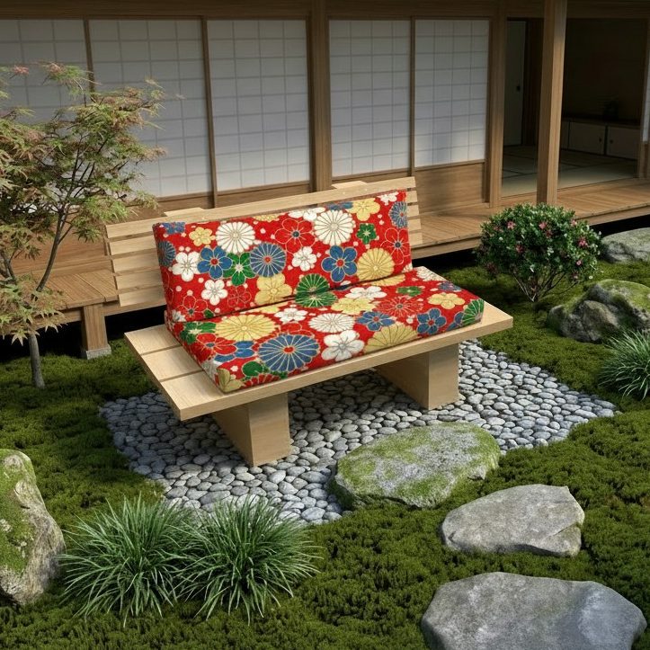 DIY Zweisitzer-Sofa KYOTO auf der Terrasse eines japanischen Hauses DIY Zweisitzer-Sofa KYOTO mit bunten Polstern auf der Terrasse eines japanischen Hauses