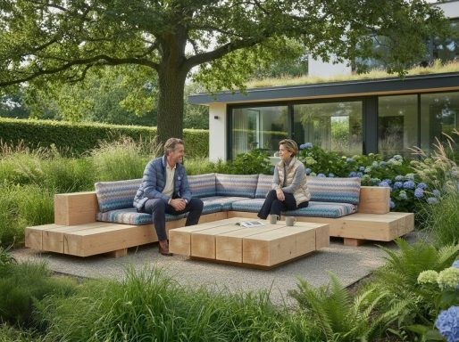 Superluxuslounge unter einem schattigen Baum. Elegante Konstruktion aus zugesägten Holzstämmen.