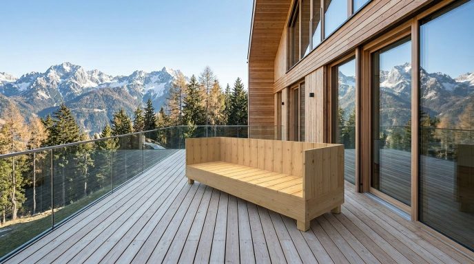Das windgeschützte Design des DIY outdoor-lounge Sofas auf einer großen Terrasse in den Alpen