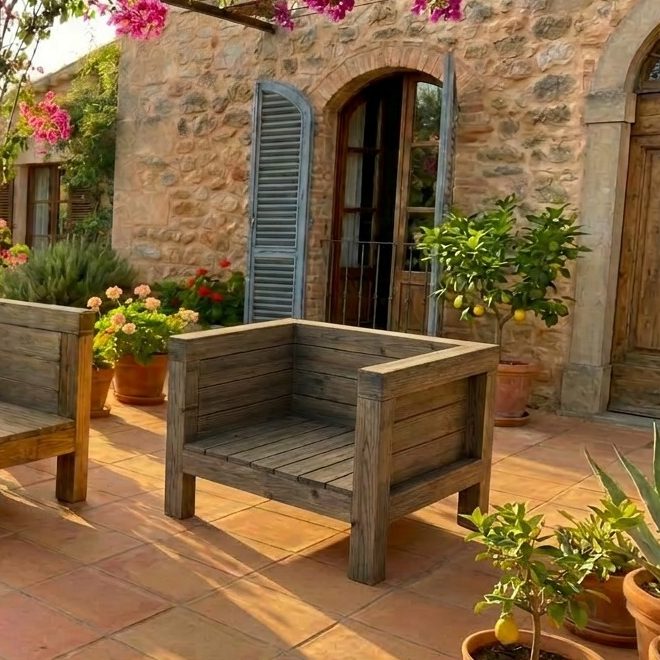 DIY outdoor-lounge-Sessel TUSCANY auf einer Terrasse in der Toskana DIY Outdoor-Lounge Sofa TUSCANY auf einer gemütlichen Terrazza in den Hügeln der Toskana