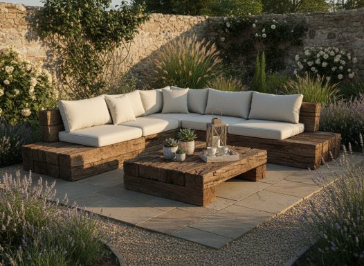 Coole Outdoor-Lounge aus alten Eisenbahnschwellen. Macht man heutzutage eher aus neuen Eisenbahnschwellen.