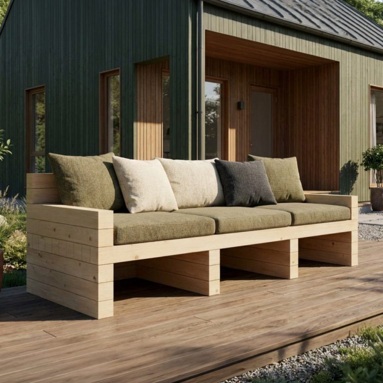 Die DIY Outdoor Lounge DOLOMITE steht für ein Design, das bewusst reduziert ist und dadurch stark wirkt. Die DIY Outdoor Lounge DOLOMITE auf einer Steinterrasse vor einem dunkelgrün gestrichenen Holzhaus.