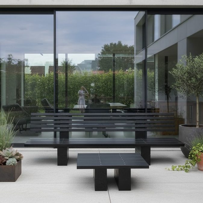 DIY outdoor-lounge Sofa KYOTO auf einer modernen Terrasse Das DIY outdoor-lounge Sofa in japanischem Stil auf der Terrasse eines modernen Hauses ergibt eine harmonische Kombination.