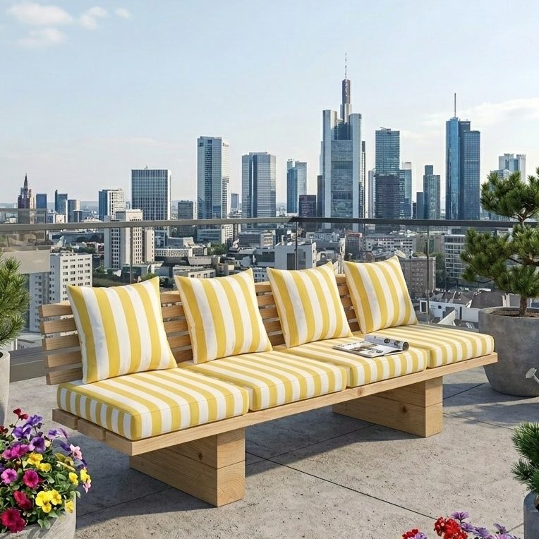 DIY Outdoor Lounge OSAKA mit gelb-weiß gestreiften Polstern als klassische Kombination - ein tolles Dekobeispiel DIY Terrassenlounge zum selber bauen. Modell OSAKA mit gelb-weiß gestreiften Polstern.