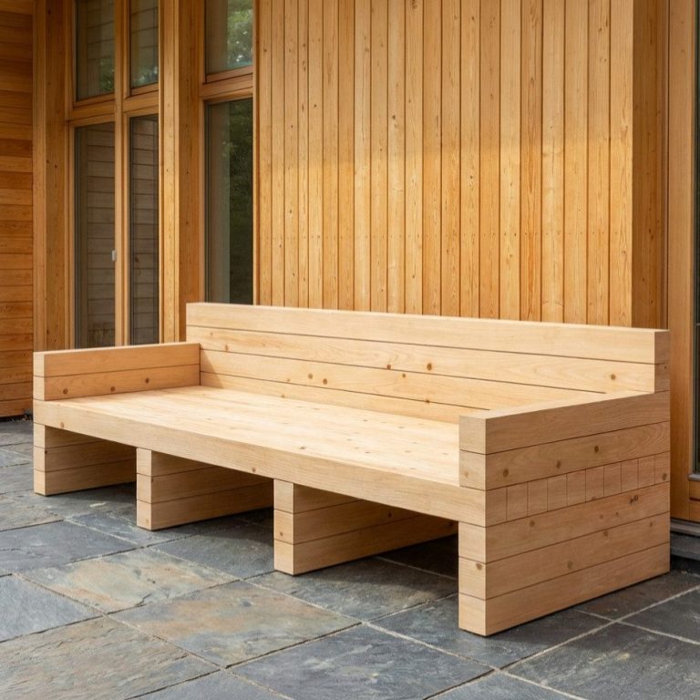 Die DIY Outdoor Lounge DOLOMITE steht für ein Design, das bewusst reduziert ist und dadurch stark wirkt. Die DIY Outdoor Lounge DOLOMITE steht auf einer Steinterrasse vor einem Holzhaus.