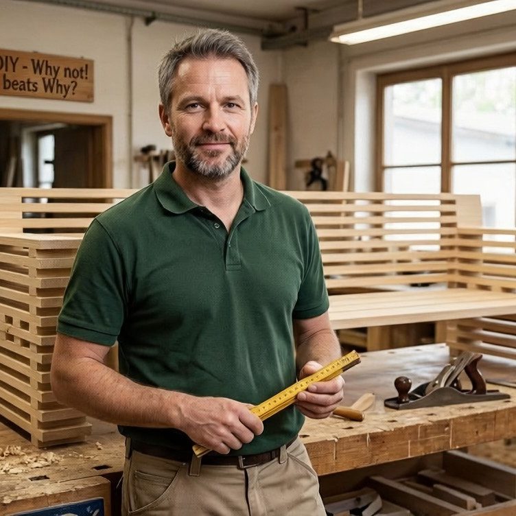 Der Schreiner von outdoor-lounge.com in seiner Werkstatt beim Aufbau der Gartenlounge STRATA Der Schreiner von outdoor-lounge.com in seiner Werkstatt beim Aufbau der Gartenlounge STRATA