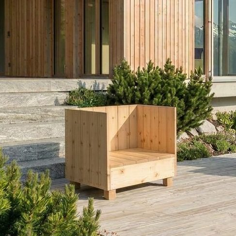 DIY outdoor-lounge Sessel PALISADES auf einer Terrasse in den Bergen Der selbstgebaute Sessel PALISADES steht auf einer Terrasse vor einem modernen Holzhaus in den Bergen