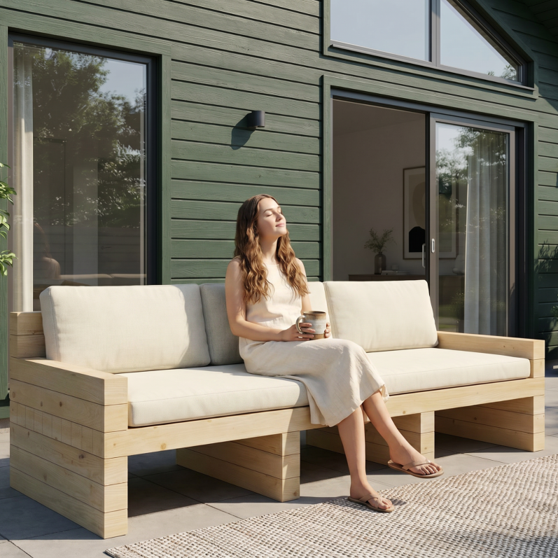 Lena genießt den sonnigen Augenblick auf der selbstgebauten Outdoor Lounge DOLOMITE Eine Gartenlounge selber bauen ist ein Erlebnis! Du wirst viel mehr Freude daran haben, wie an einer Lounge von der Stange.