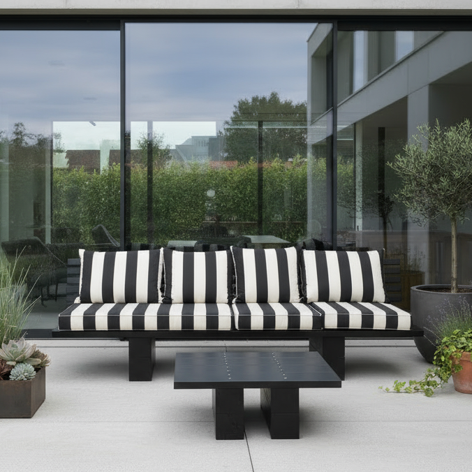 DIY outdoor-lounge KYOTO mit schwarz-weiß gestreiften Polstern als klassische Kombination - ein tolles Dekobeispiel Elegante schwarz-weiß gestreifte Polster liegen beispielhaft auf der selbstgebauten DIY outdoor-lounge KYOTO