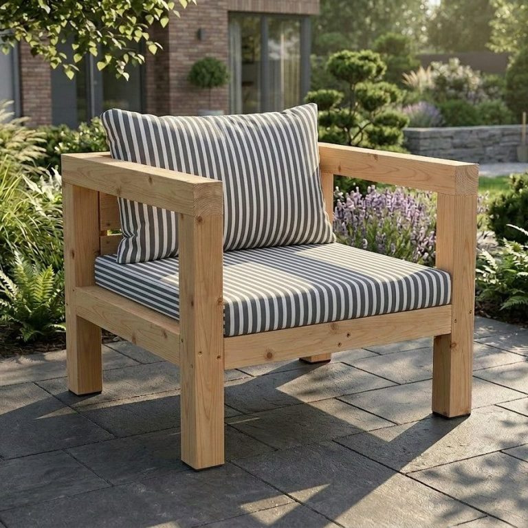 DIY Lounge Sessel BANCO auf der Terrasse eines modernen Bungalows DIY Outdoor Lounge Sessel BANCO auf einer Terrasse eines modernen Bungalows