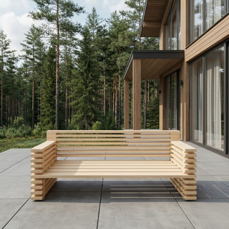 DIY outdoor-lounge Sofa STRATA auf moderner Terrasse vor einem Holzhaus