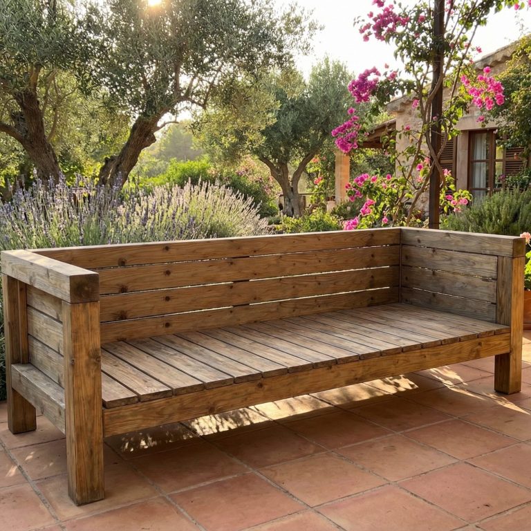 DIY outdoor-lounge.com Sofa TUSCANY steht auf einer Terrasse in der Toskana DIY outdoor-lounge.com Sofa TUSCANY steht auf einer Terrasse in der Toskana bei untergehender Sonne.