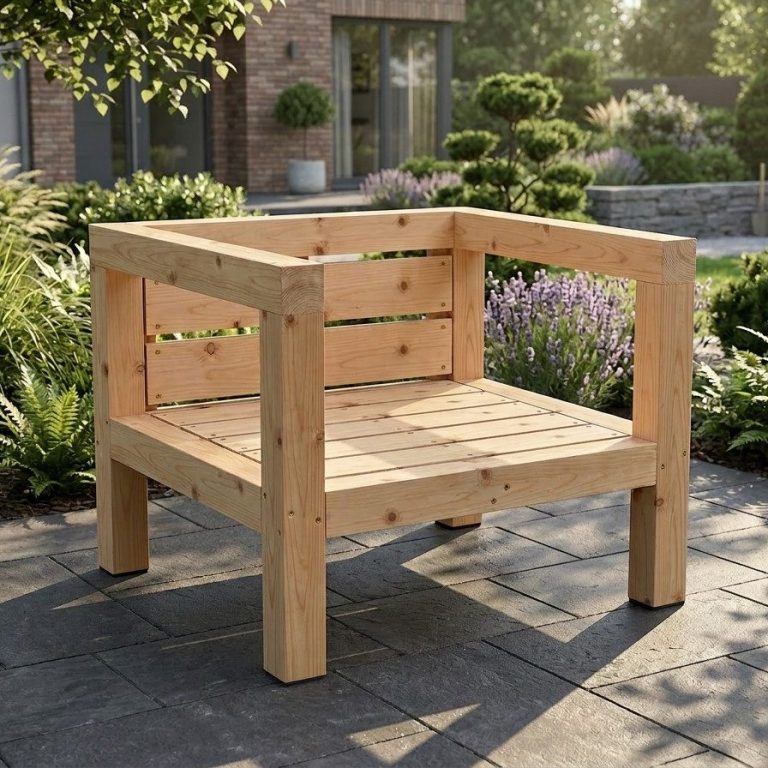 Die Serie BANCO ist der Klassiker unter den Outdoor Lounge Möbeln Der DIY Outdoor Lounge Sessel BANCO steht auf einer Steinterrasse vor einem modernen Haus.