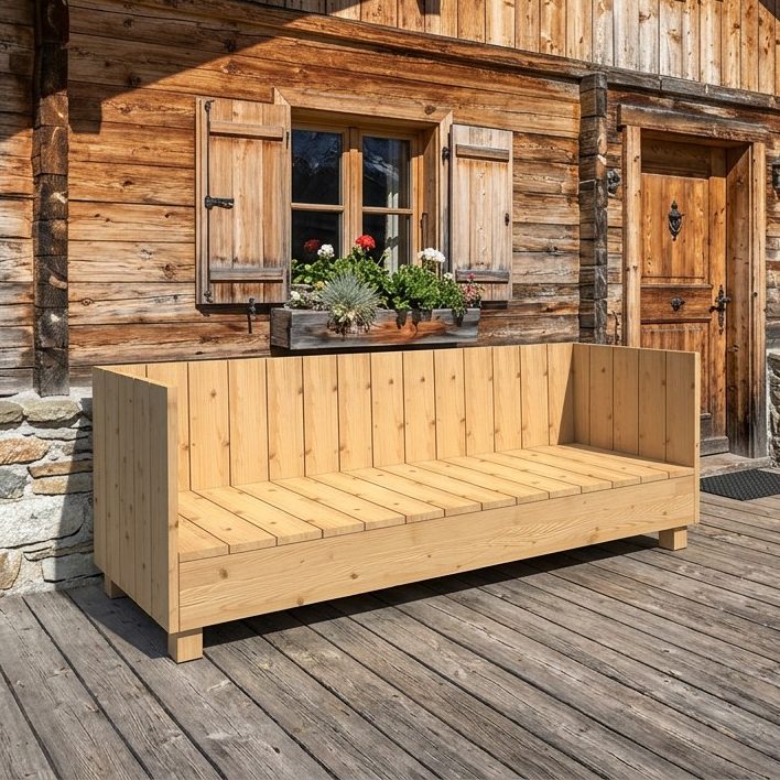 DIY outdoor-lounge.com Sofa PALISADES auf einer Terrasse vor einer Berghütte DIY outdoor-lounge.com Sofa PALISADES auf einer Terrasse vor einer Berghütte