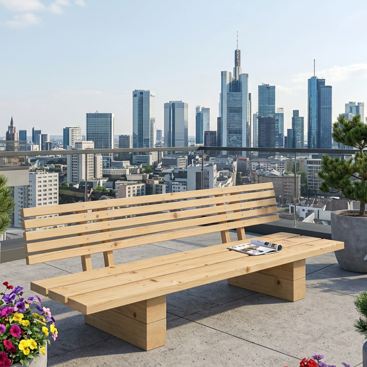 DIY Terrassenlounge OSAKA auf einer Dachterrasse einer Großstadt DIY Gartenlounge OSAKA. Reduziertes Design, klare Ästhetik, unaufdringliches Möbel.