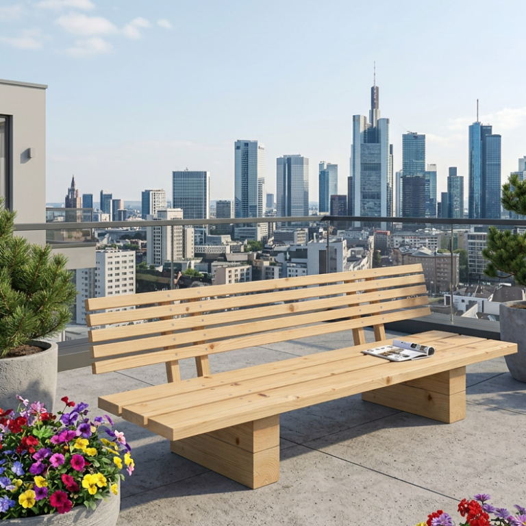 DIY Outdoor Lounge Sofa OSAKA zum selber bauen Das DIY outdoor-lounge Sofa OSAKA in japanischem Stil auf der Dachterrasse eines modernen Hauses ergibt eine harmonische Kombination.