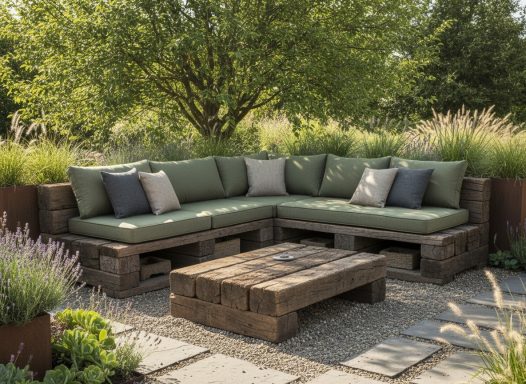 DIY Lounges aus alten Eisenbahnschwellen kennt man von früher noch. Rustikaler Möbelcharme im feinen Lavendelgarten.